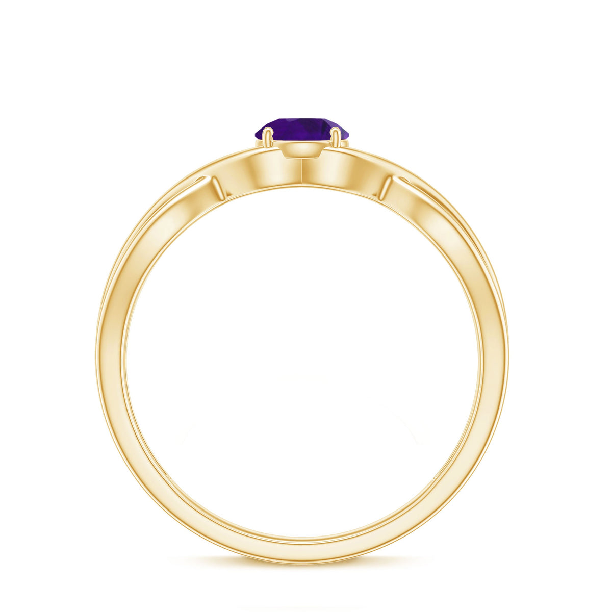Solitaire amethyst crossover engagement ring by Rosec Jewels featuring a central purple gemstone and intricate band design.