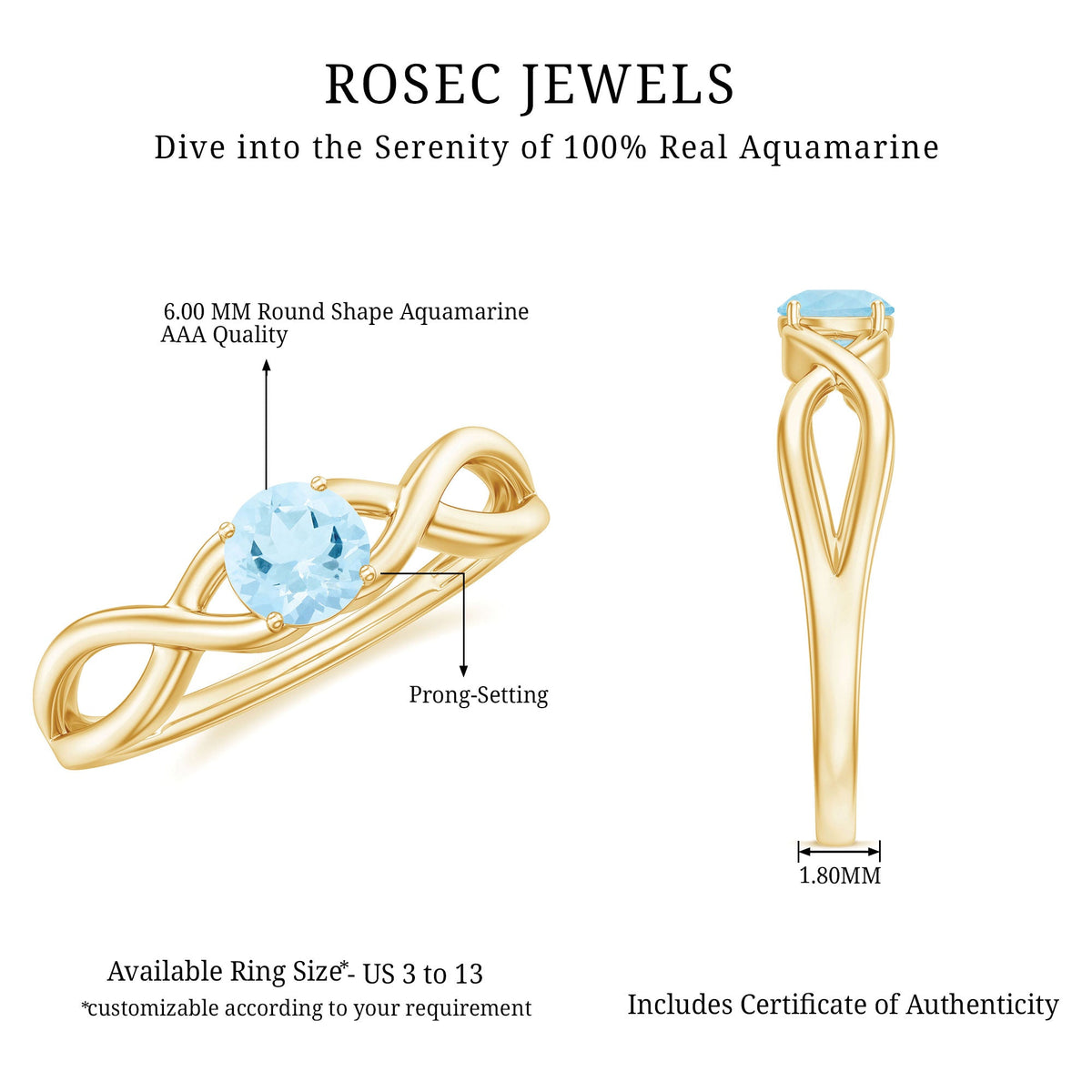 Solitaire aquamarine infinity promise ring by Rosec Jewels featuring a central aquamarine gemstone and infinity design.