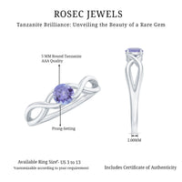Genuine Tanzanite promise ring with crossover shank, showcasing a blue-violet gemstone and elegant silver band by Rosec Jewels