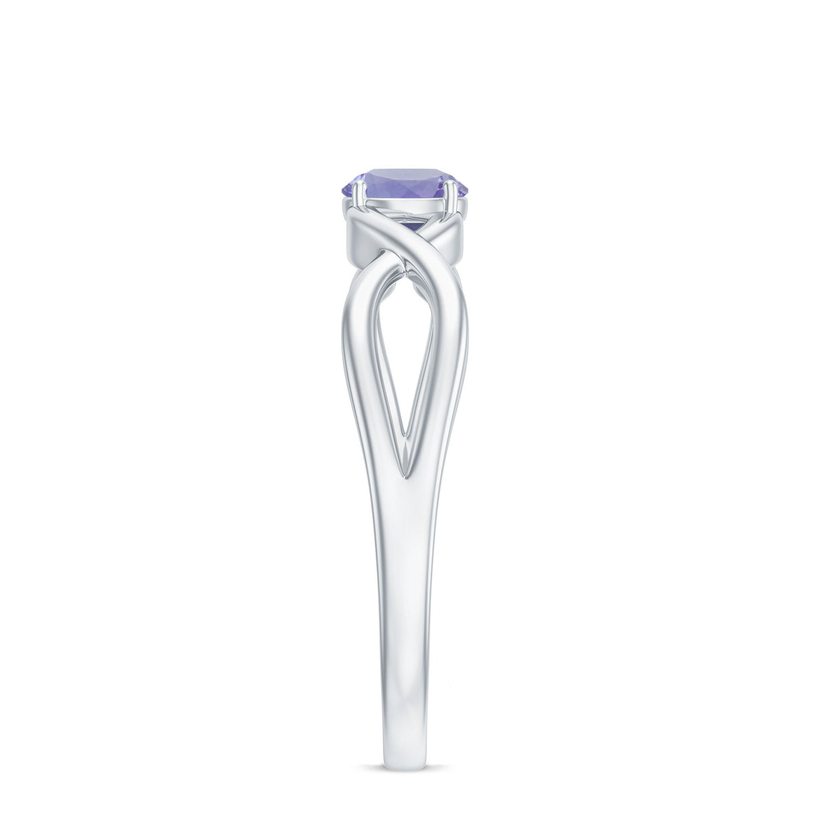 Genuine Tanzanite promise ring with a crossover shank, featuring a sparkling blue-violet gemstone and silver band from Rosec Jewels.