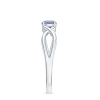 Genuine Tanzanite promise ring with a crossover shank, featuring a sparkling blue-violet gemstone and silver band from Rosec Jewels.