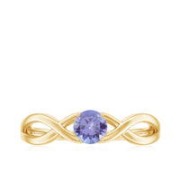 Genuine Tanzanite promise ring with crossover shank by Rosec Jewels, featuring a vibrant blue Tanzanite gemstone on a silver band.