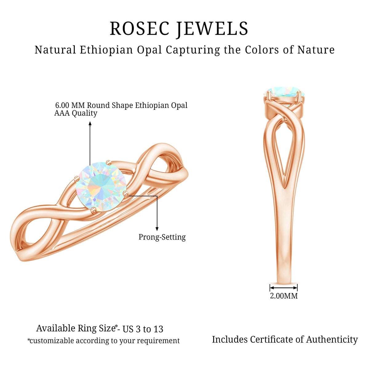 Natural Ethiopian rainbow opal promise ring with crossover shank by Rosec Jewels, showcasing vibrant multicolored gemstones and elegant design.