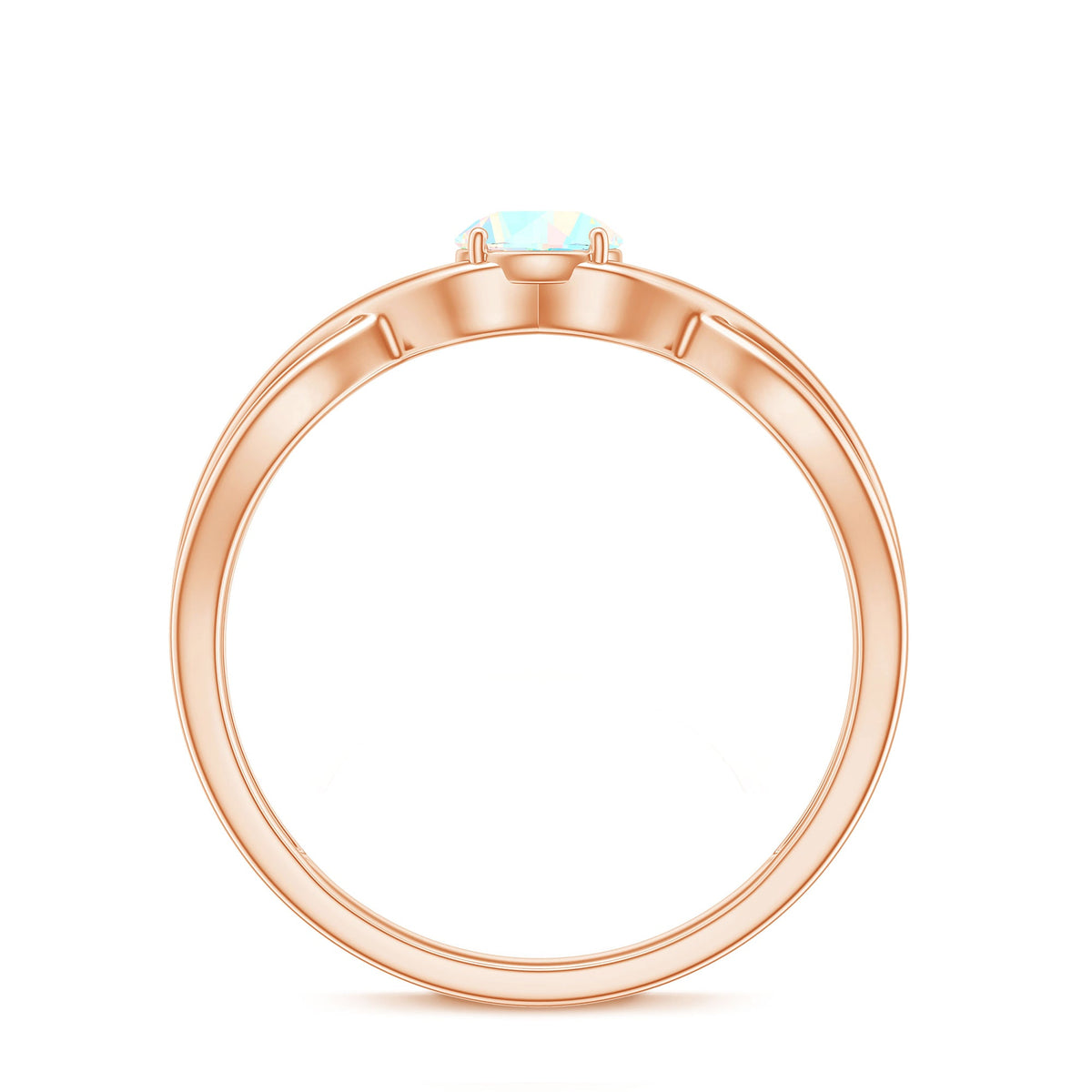 Natural Ethiopian Rainbow Opal promise ring with crossover shank from Rosec Jewels, showcasing vibrant rainbow colors and elegant design.