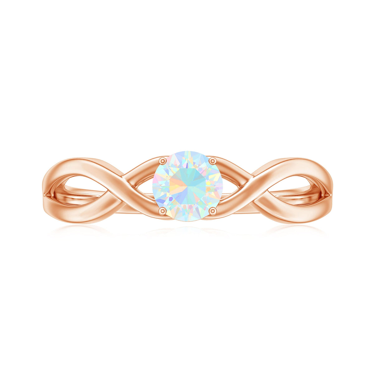 Natural Ethiopian rainbow opal promise ring with crossover shank, crafted by Rosec Jewels, showcasing vibrant color and elegant design.