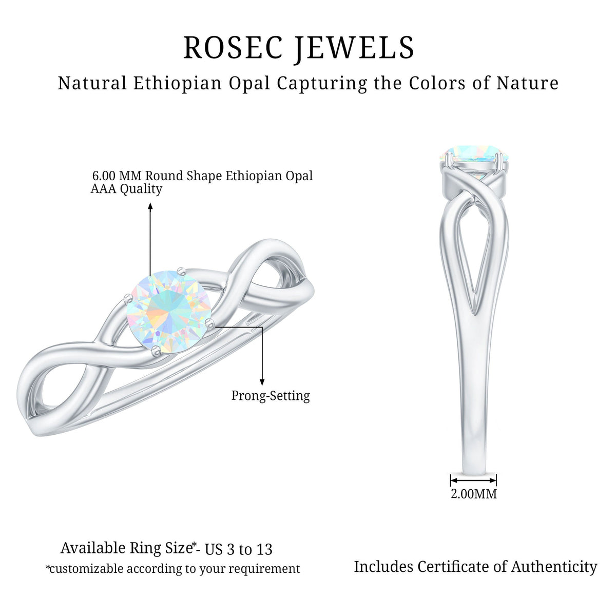 Natural Ethiopian Rainbow Opal promise ring with crossover shank from Rosec Jewels, showcasing vibrant multicolored gemstone and elegant design.