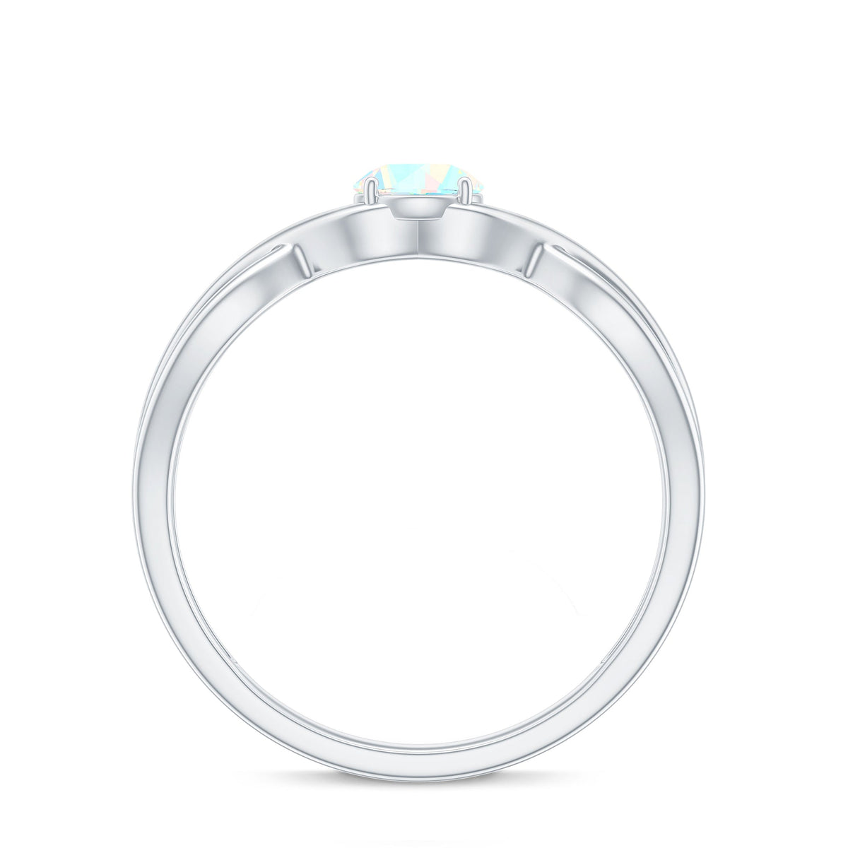 Natural Ethiopian rainbow opal promise ring with crossover shank, crafted by Rosec Jewels, showcasing vibrant colors and elegant design.
