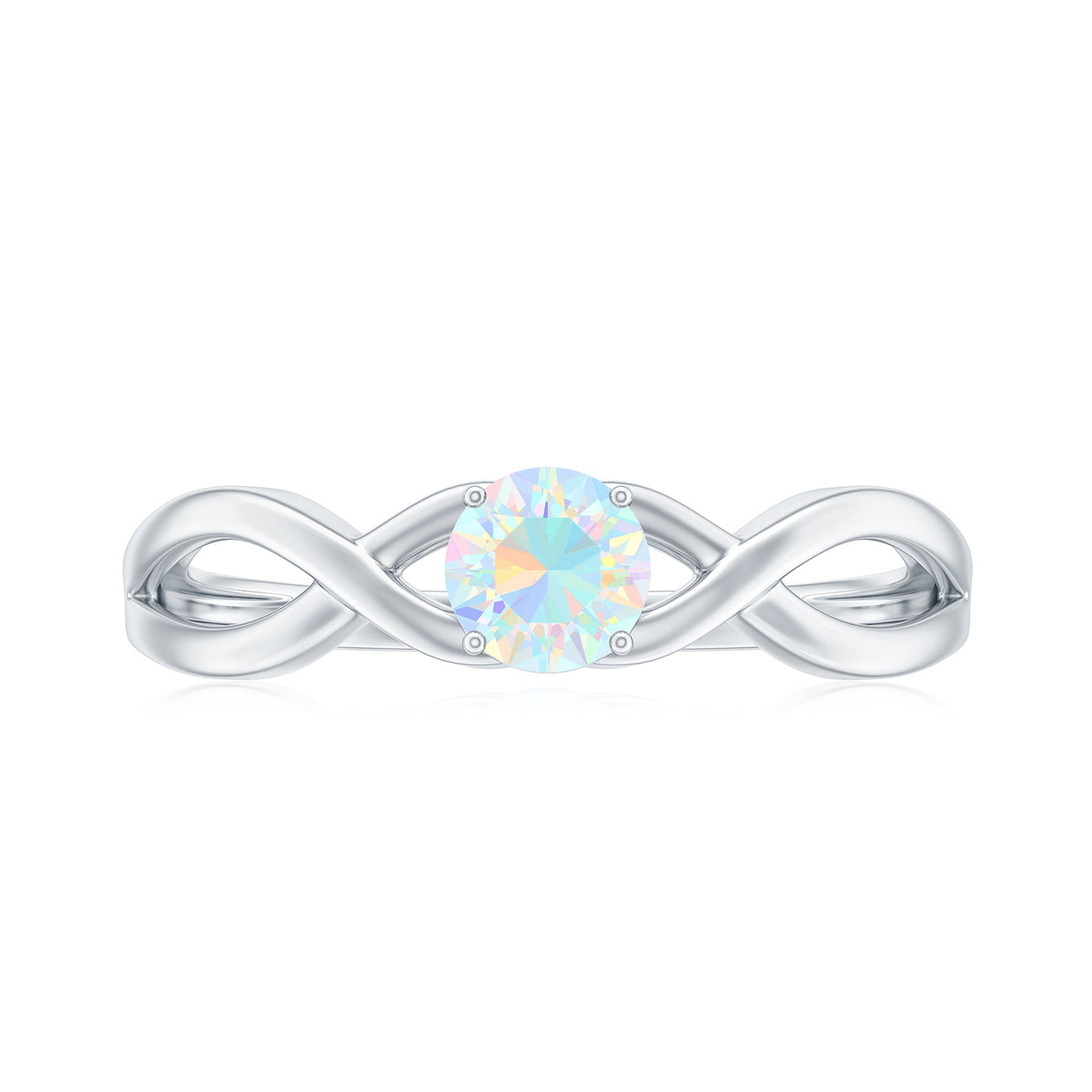Natural Ethiopian rainbow opal promise ring with crossover shank, featuring vibrant multicolor gemstones and elegant silver band.