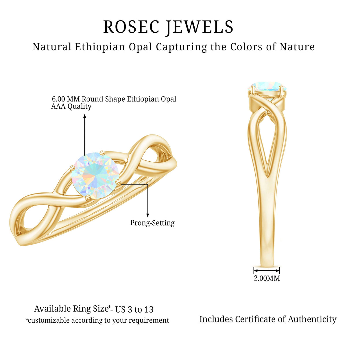Natural Ethiopian Rainbow Opal promise ring with crossover shank from Rosec Jewels, showcasing vibrant rainbow-colored opal and elegant silver band.