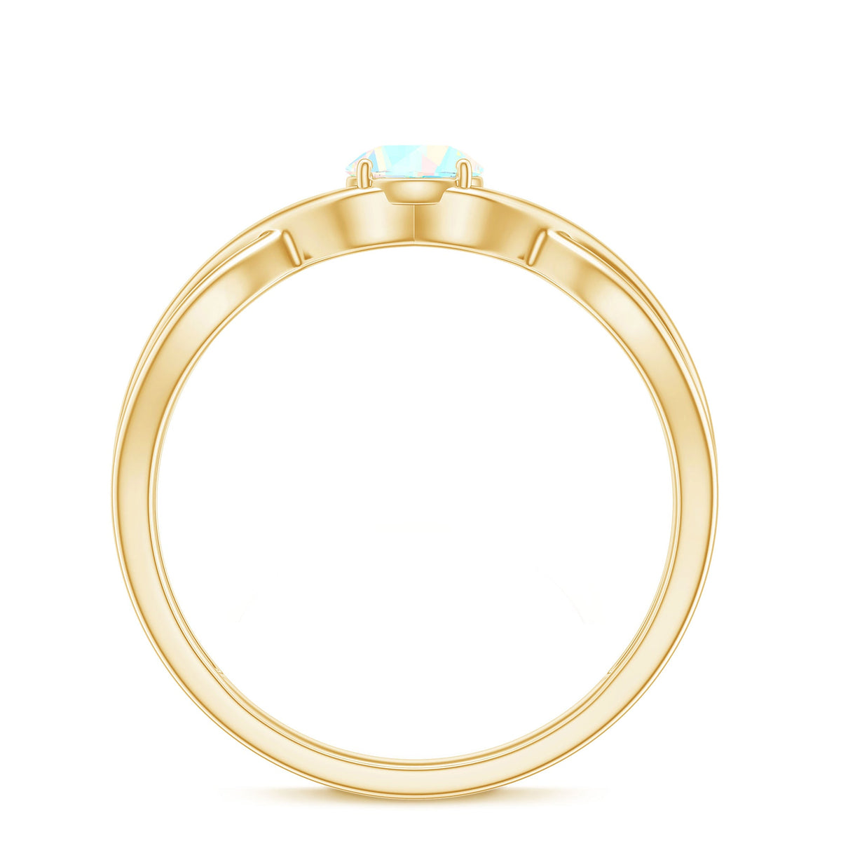 Ethiopian rainbow opal promise ring with crossover shank from Rosec Jewels, showcasing vibrant rainbow colors and elegant design.