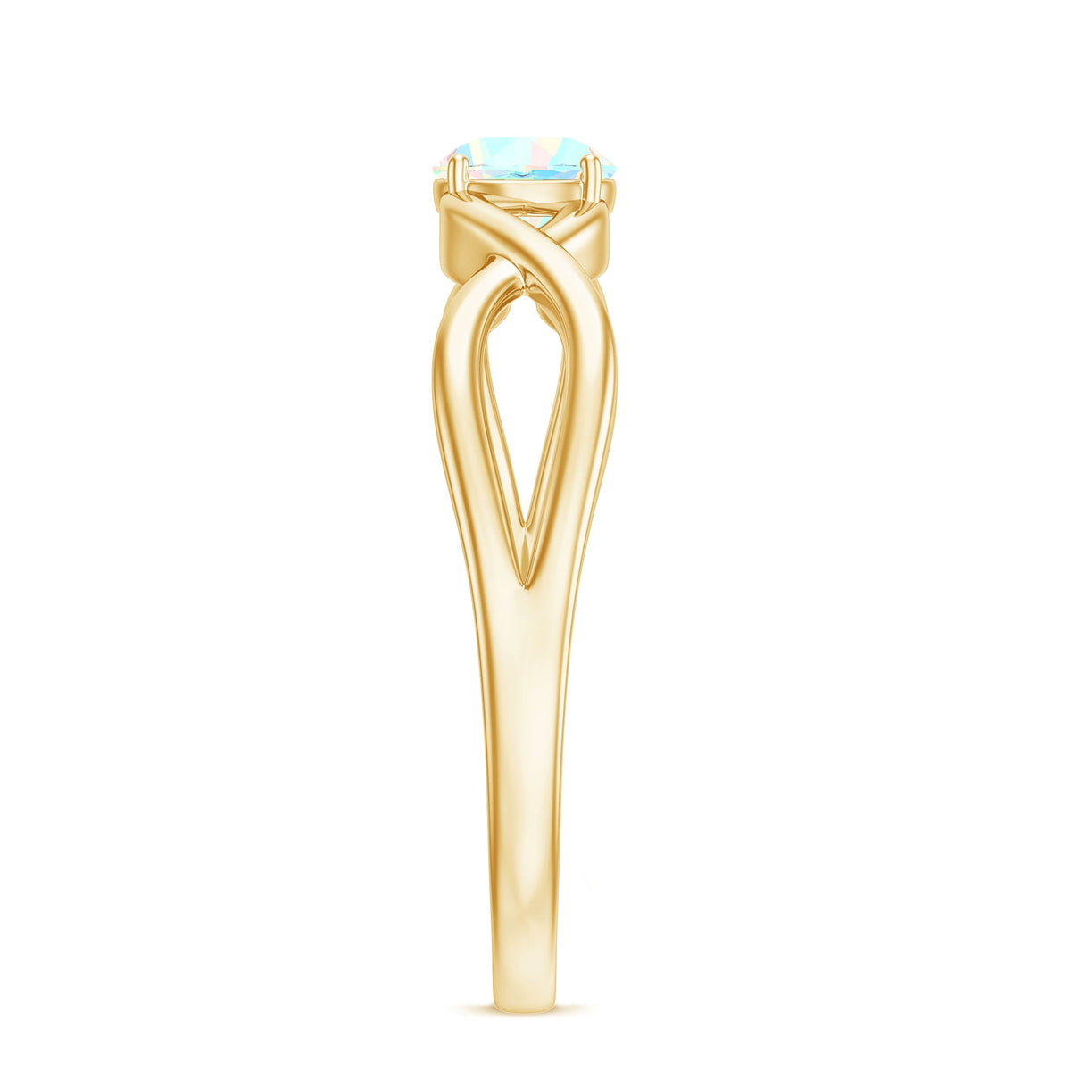 Natural Ethiopian rainbow opal promise ring with crossover shank, showcasing vibrant multicolored gemstone and elegant silver band.