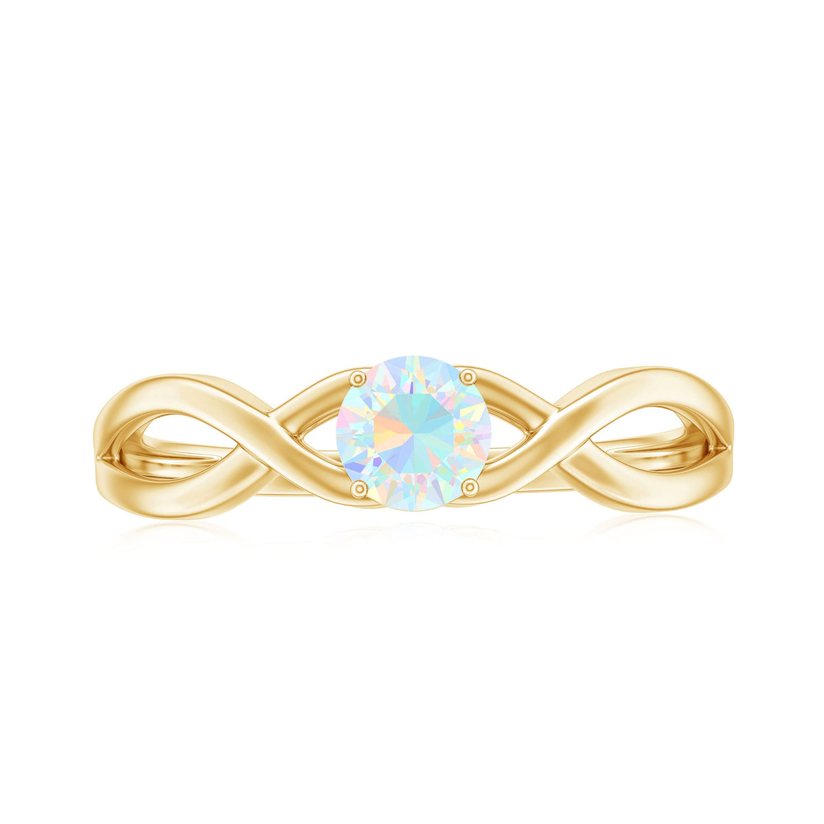 Natural Ethiopian Rainbow Opal promise ring with crossover shank from Rosec Jewels, showcasing vibrant rainbow-colored opal gemstone and elegant band.