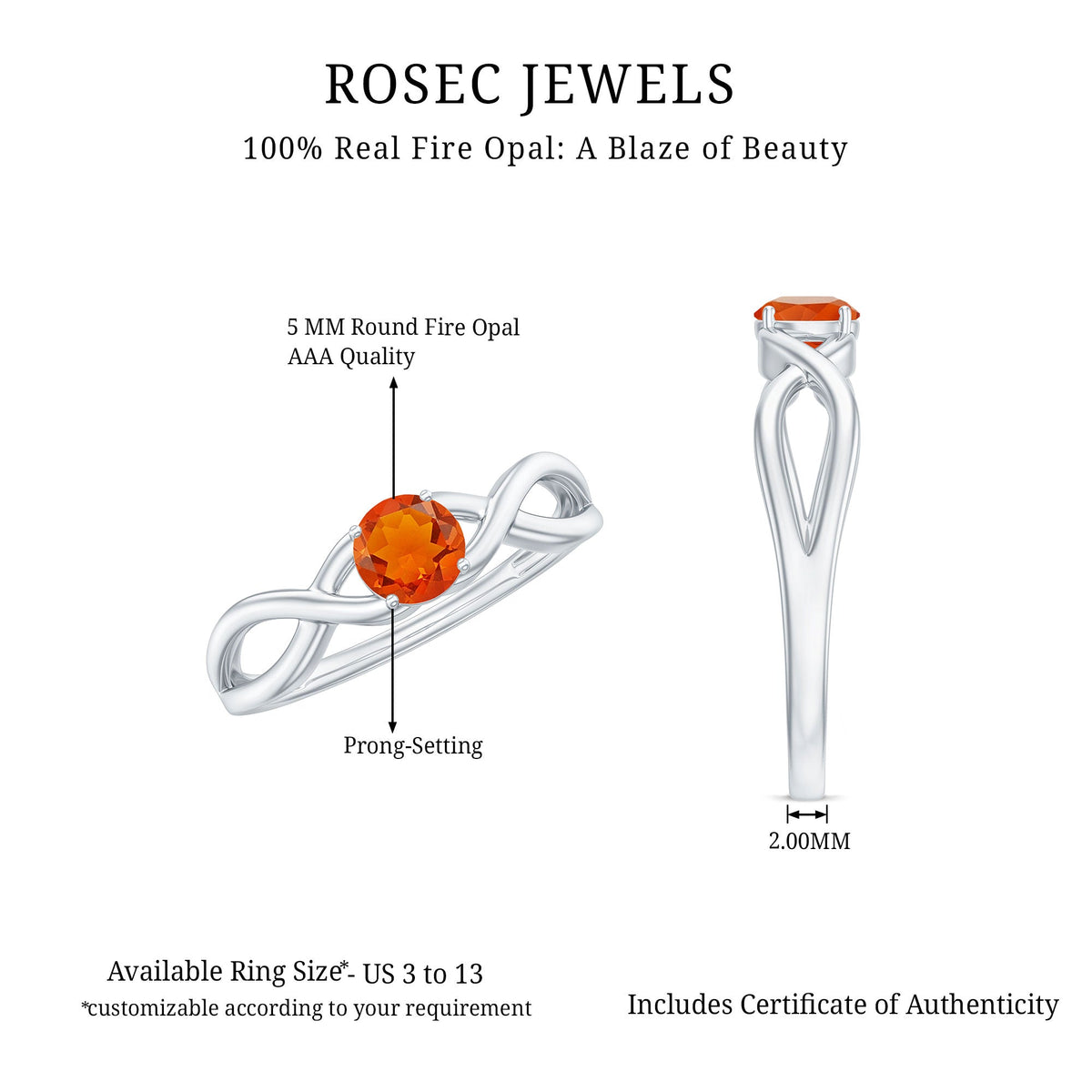 0.25 CT solitaire fire opal crossover engagement ring by Rosec Jewels, featuring a vibrant fire opal gemstone in a unique ring design.