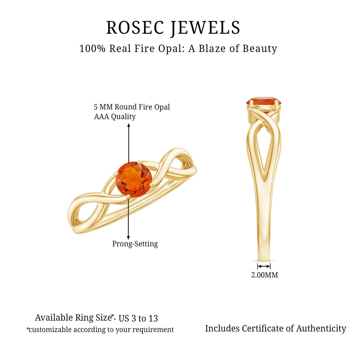 Rosec Jewels 0.25 CT solitaire fire opal crossover engagement ring displaying a vibrant orange fire opal gemstone and elegant band design.