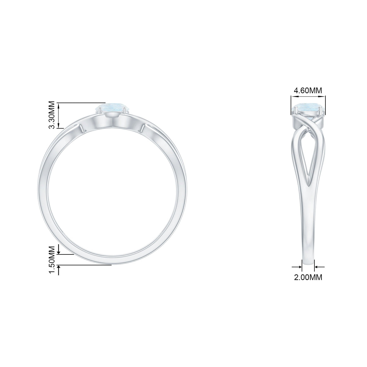 Round moonstone solitaire promise ring with crossover shank in sterling silver, showcasing a polished gemstone setting.