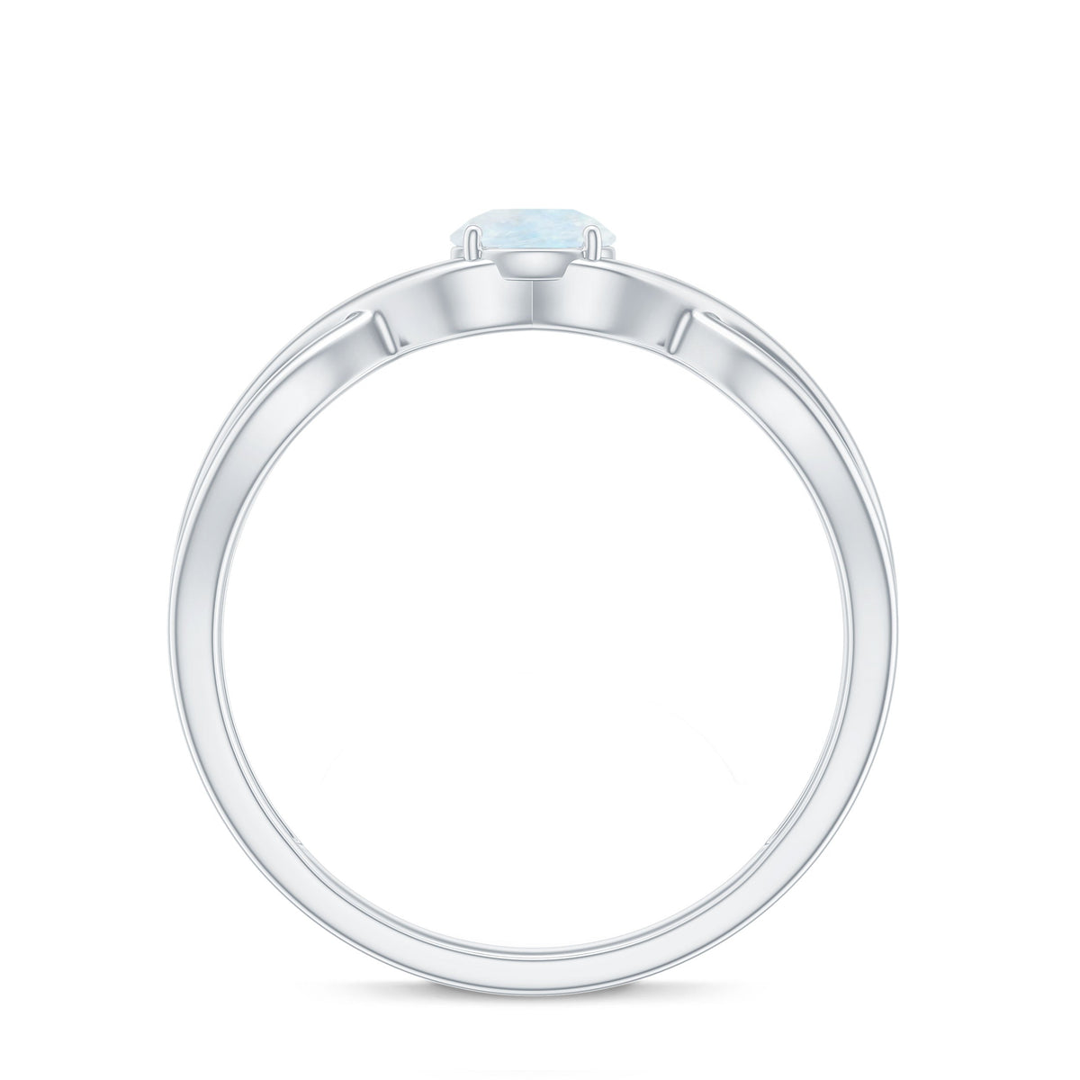 Round moonstone solitaire promise ring with crossover shank, featuring a polished band and a central moonstone gemstone.