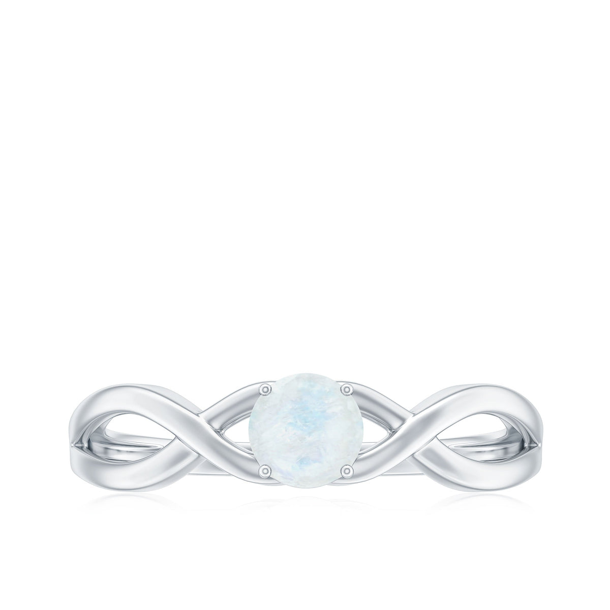 Round moonstone solitaire promise ring with crossover shank by Rosec Jewels, showcasing a smooth, polished gemstone setting.