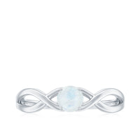 Round moonstone solitaire promise ring with crossover shank by Rosec Jewels, showcasing a smooth, polished gemstone setting.