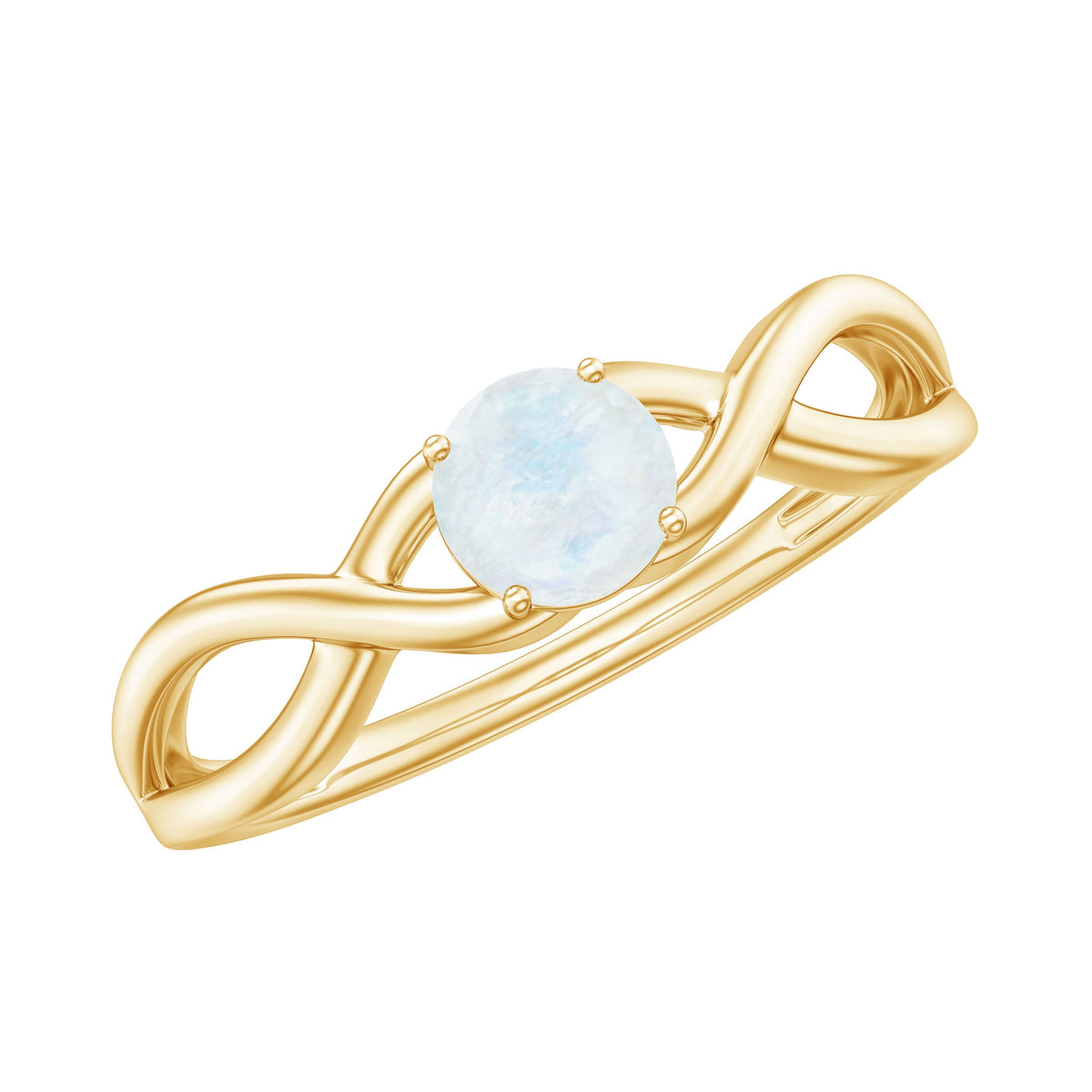 Round moonstone solitaire promise ring with crossover shank by Rosec Jewels, featuring a smooth, polished moonstone gemstone.