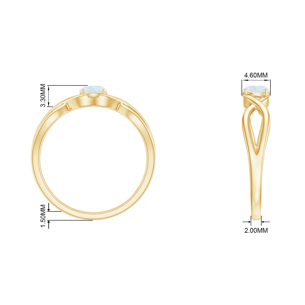 Round moonstone solitaire promise ring with crossover shank, featuring a polished band and a central moonstone gemstone.
