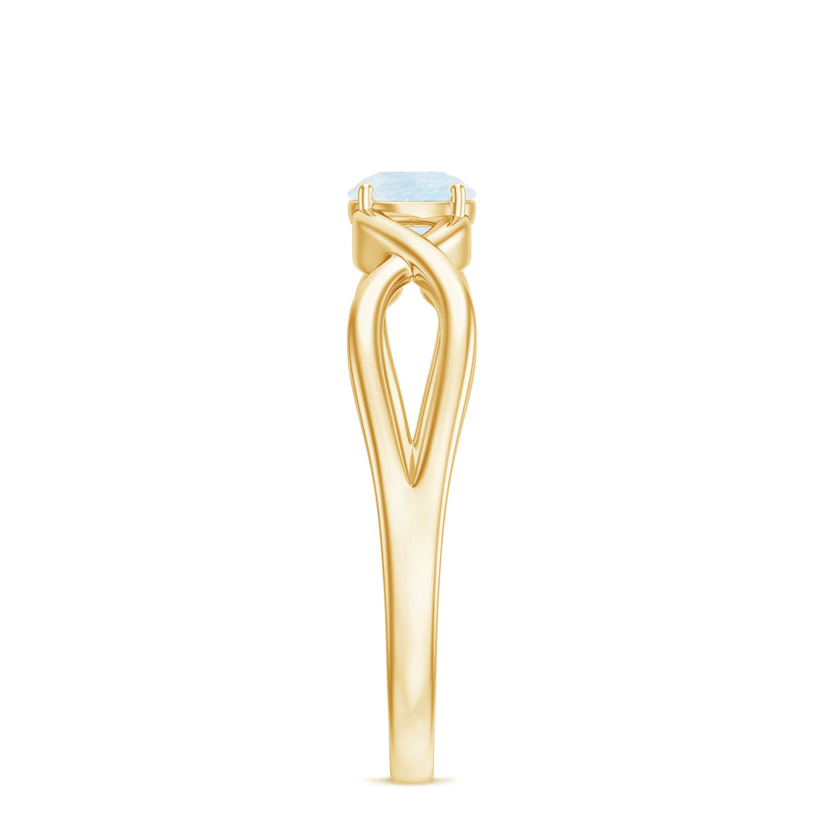 Round moonstone solitaire promise ring in crossover shank by Rosec Jewels, featuring a polished moonstone gemstone in a sleek band.