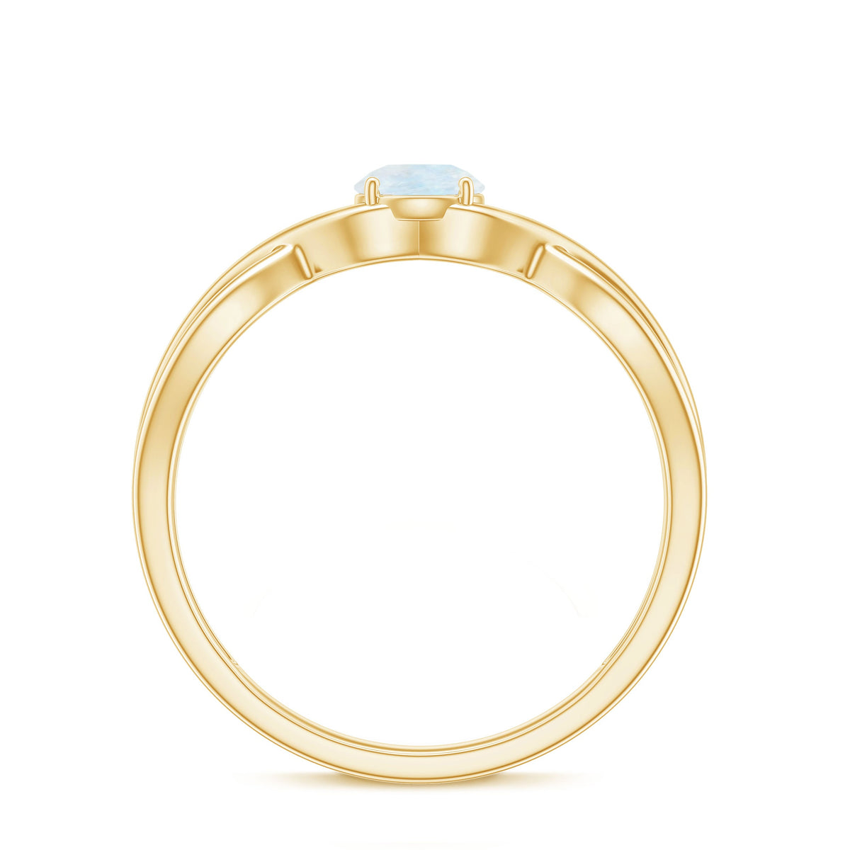 Round moonstone solitaire promise ring in crossover shank design, crafted by Rosec Jewels, shown on a white background.