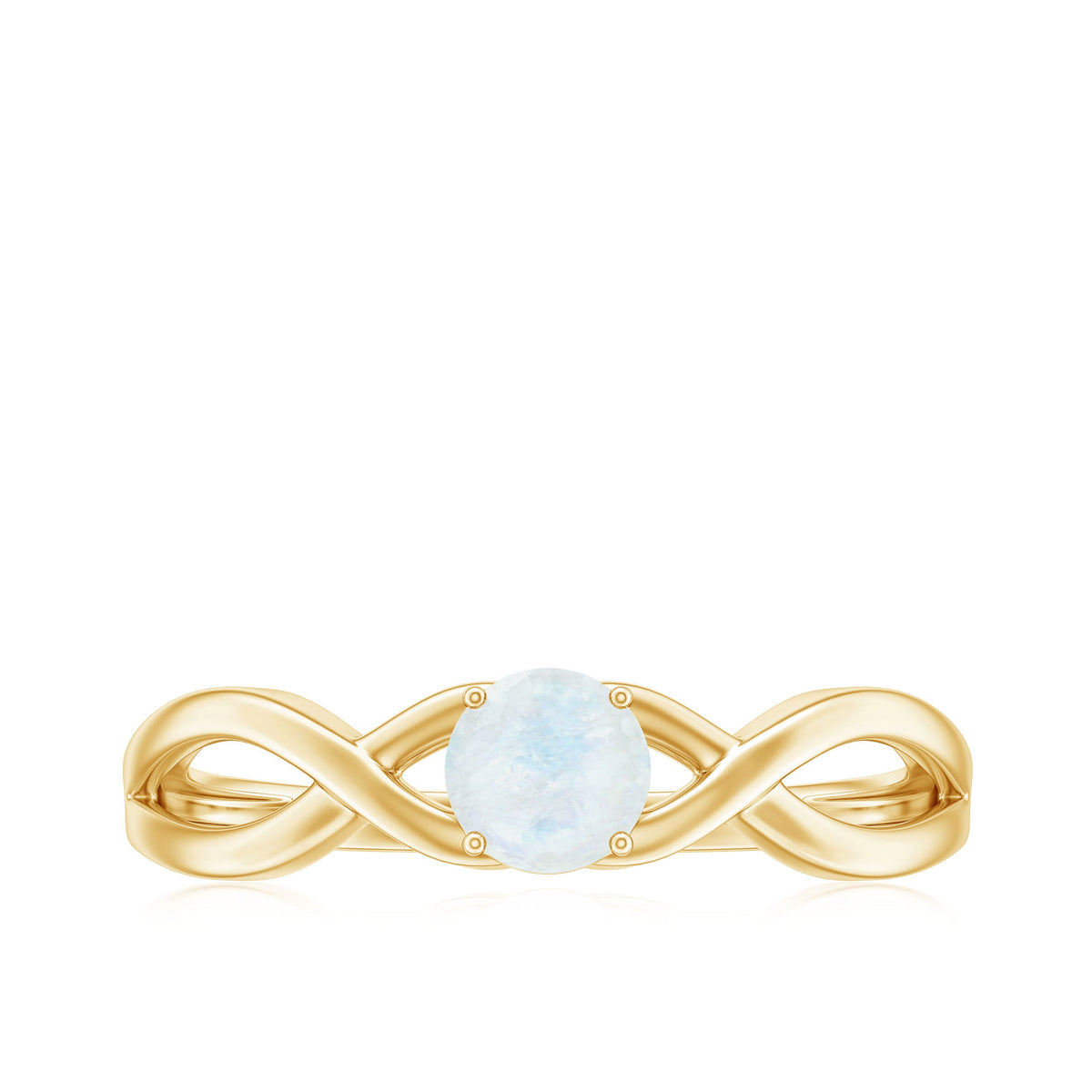 Round moonstone solitaire promise ring with crossover shank from Rosec Jewels, featuring a smooth, polished moonstone center.