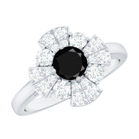Natural Black Spinel Flower Engagement Ring with Moissanite