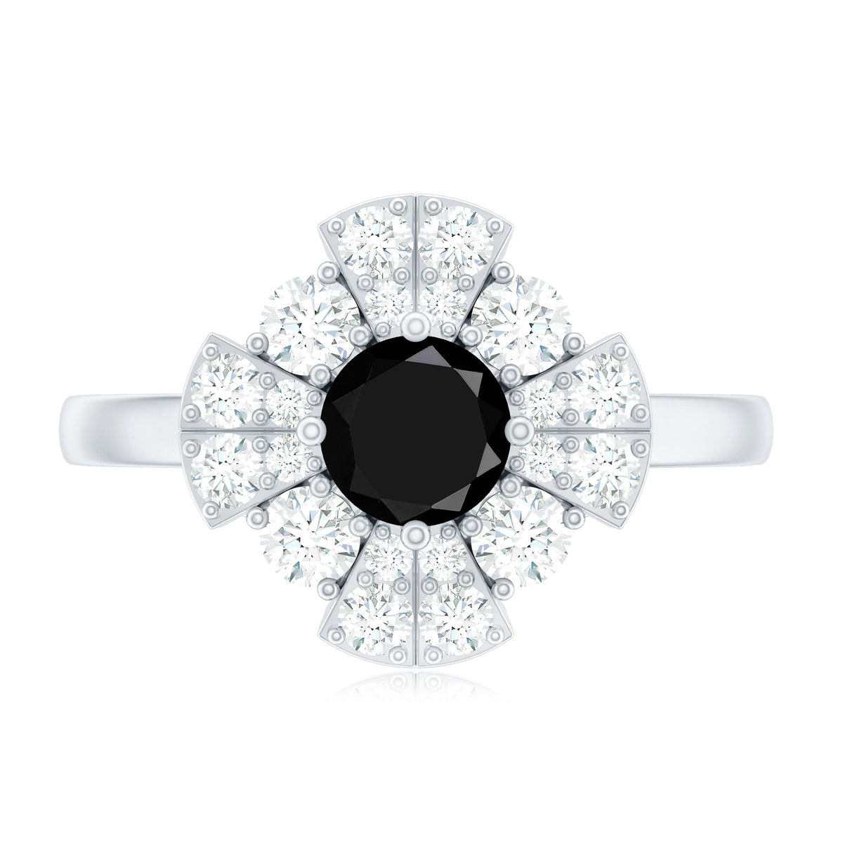 Natural Black Spinel Flower Engagement Ring with Moissanite