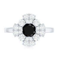Natural Black Spinel Flower Engagement Ring with Moissanite