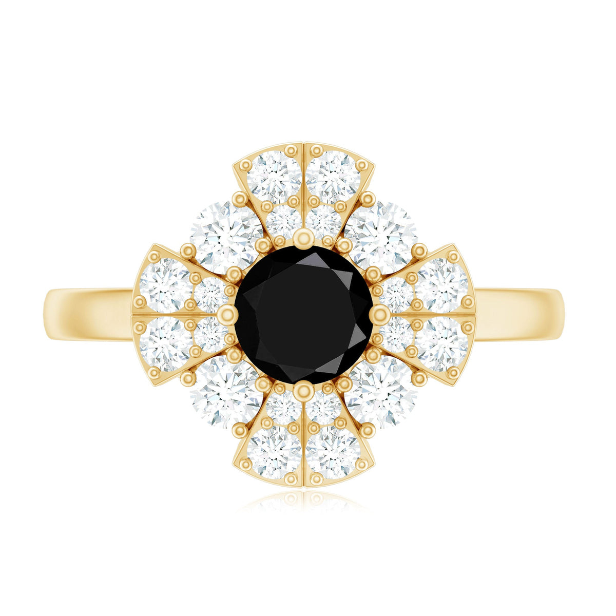 Natural Black Spinel Flower Engagement Ring with Moissanite