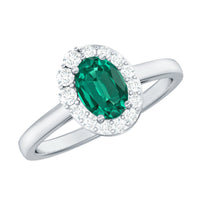 Classic 5X7 mm Oval Lab Grown Emerald Engagement Ring with Diamond Halo