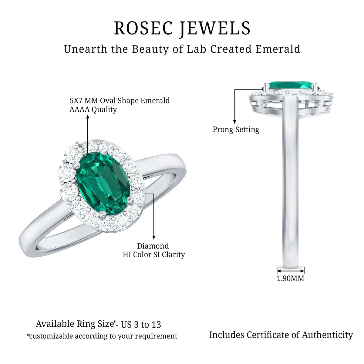 Classic 5X7 mm Oval Lab Grown Emerald Engagement Ring with Diamond Halo