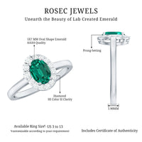 Classic 5X7 mm Oval Lab Grown Emerald Engagement Ring with Diamond Halo