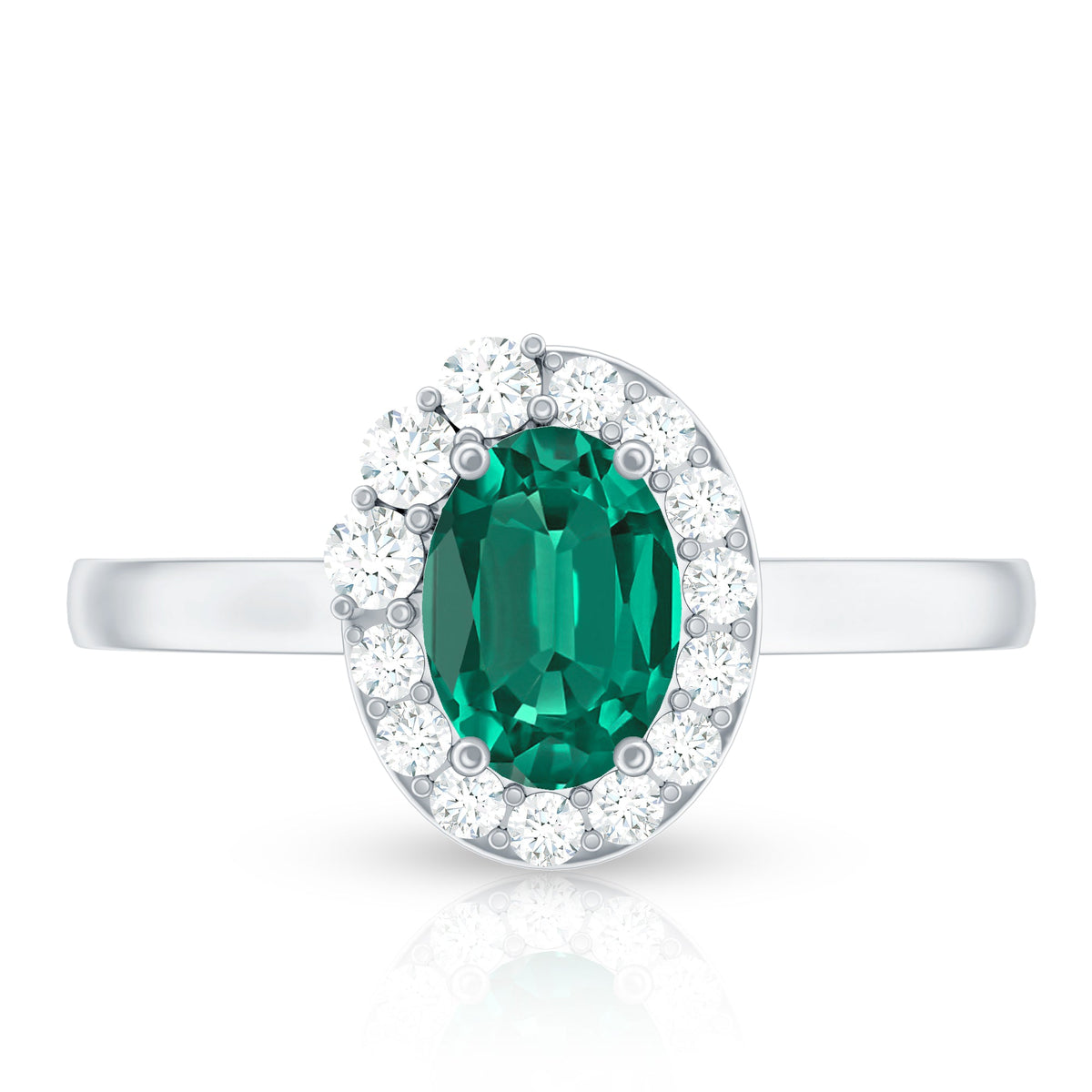 Classic 5X7 mm Oval Lab Grown Emerald Engagement Ring with Diamond Halo