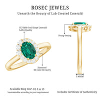 Classic 5X7 mm Oval Lab Grown Emerald Engagement Ring with Diamond Halo