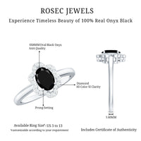 Certified Oval Cut 6X8MM Black Onyx Flower Engagement Ring with Diamond Halo