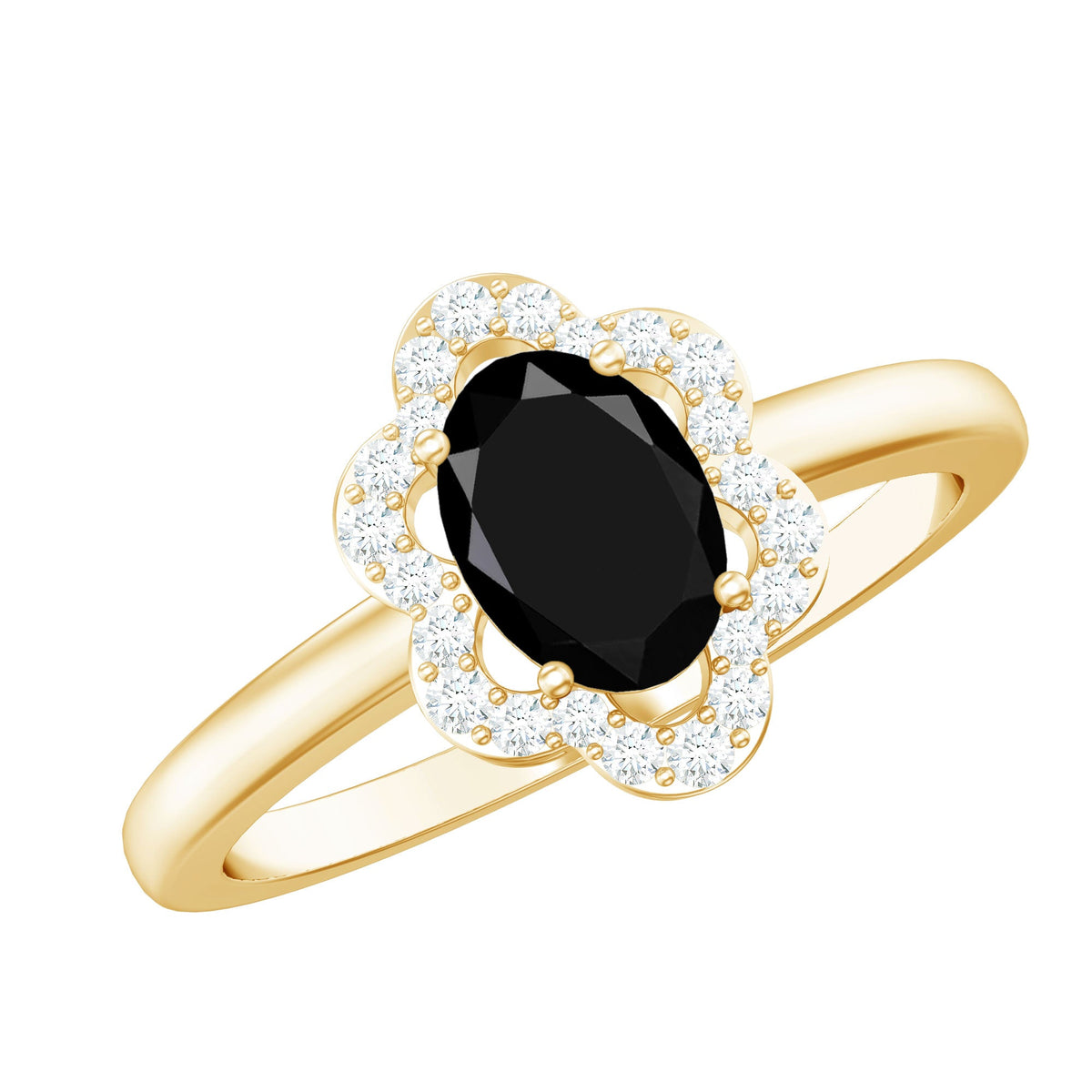 Certified Oval Cut 6X8MM Black Onyx Flower Engagement Ring with Diamond Halo