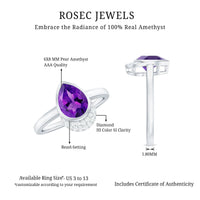 Real Amethyst Diamond Teardrop Engagement Ring in Bezel Setting