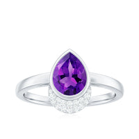 Real Amethyst Diamond Teardrop Engagement Ring in Bezel Setting