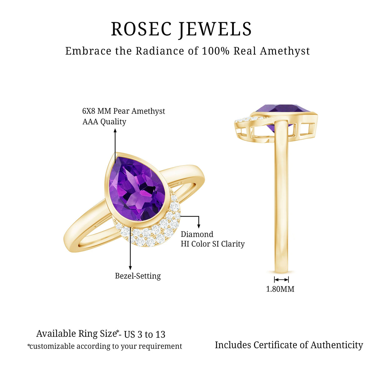 Real Amethyst Diamond Teardrop Engagement Ring in Bezel Setting