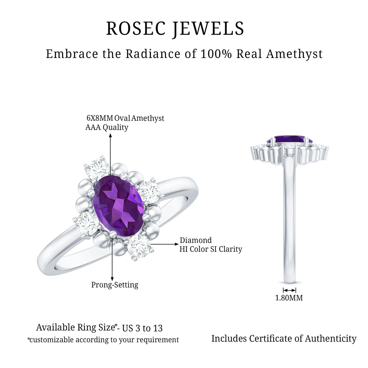 Genuine 1 Carat Oval Amethyst Engagement Ring with Diamond