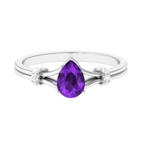Pear Cut Amethyst Solitaire Ring with Diamond in Split Shank