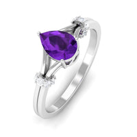 Pear Cut Amethyst Solitaire Ring with Diamond in Split Shank