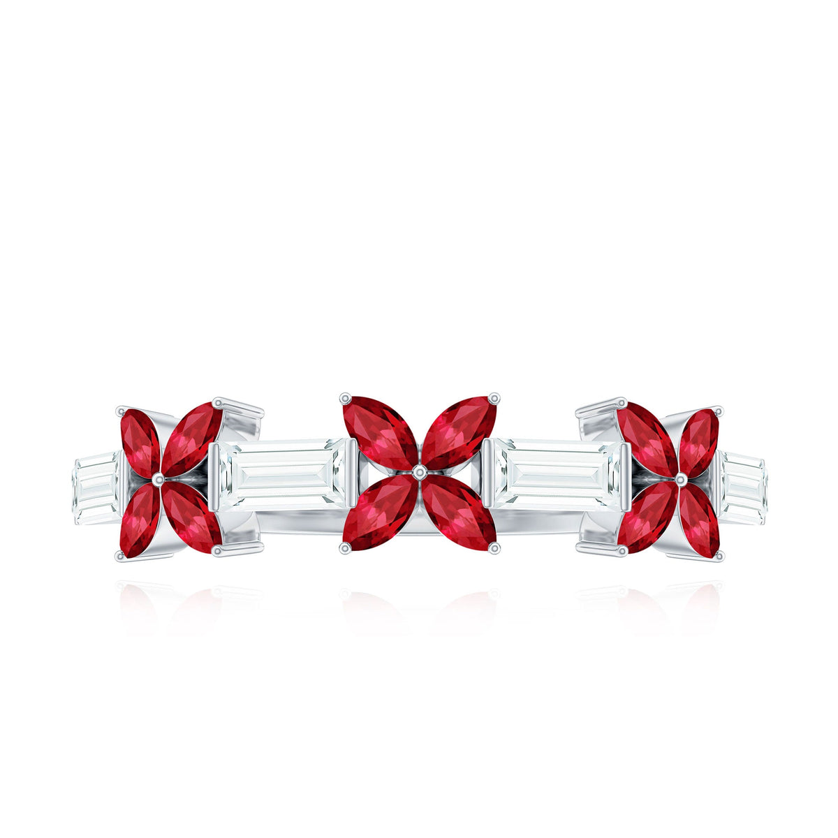 Marquise Cut Created Ruby and Moissanite Flower Half Eternity Ring