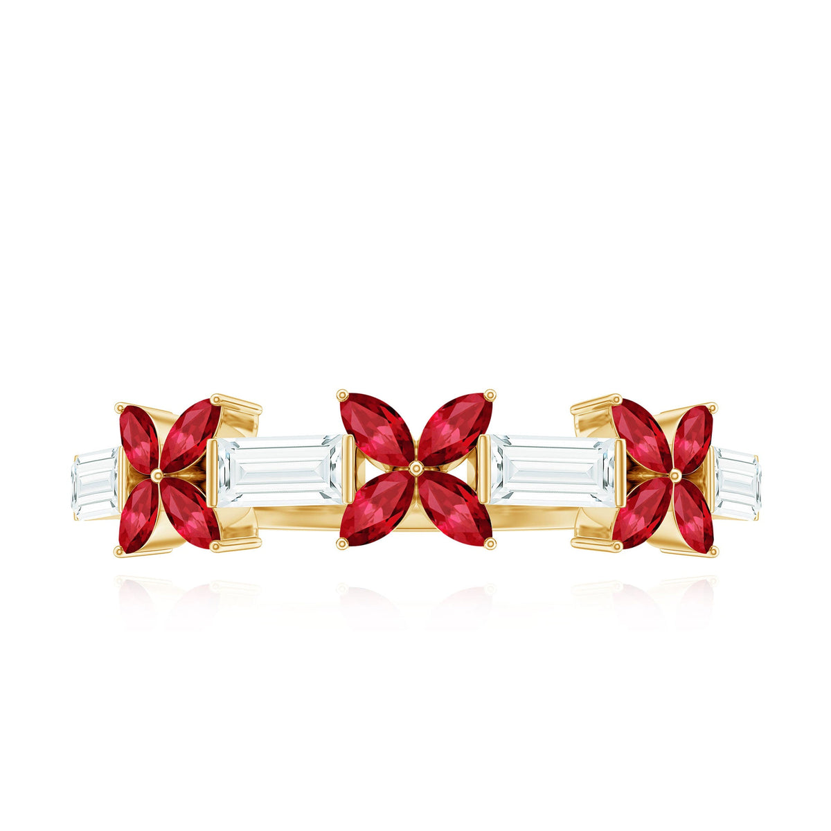 Marquise Cut Created Ruby and Moissanite Flower Half Eternity Ring