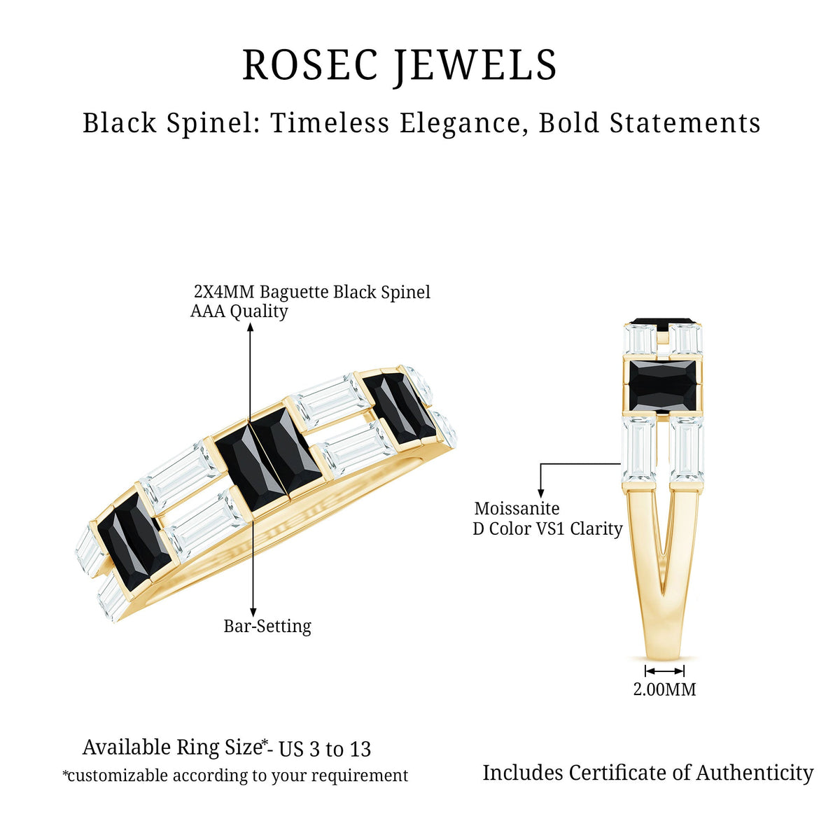 Natural Baguette Black Spinel Half Eternity Ring with Moissanite