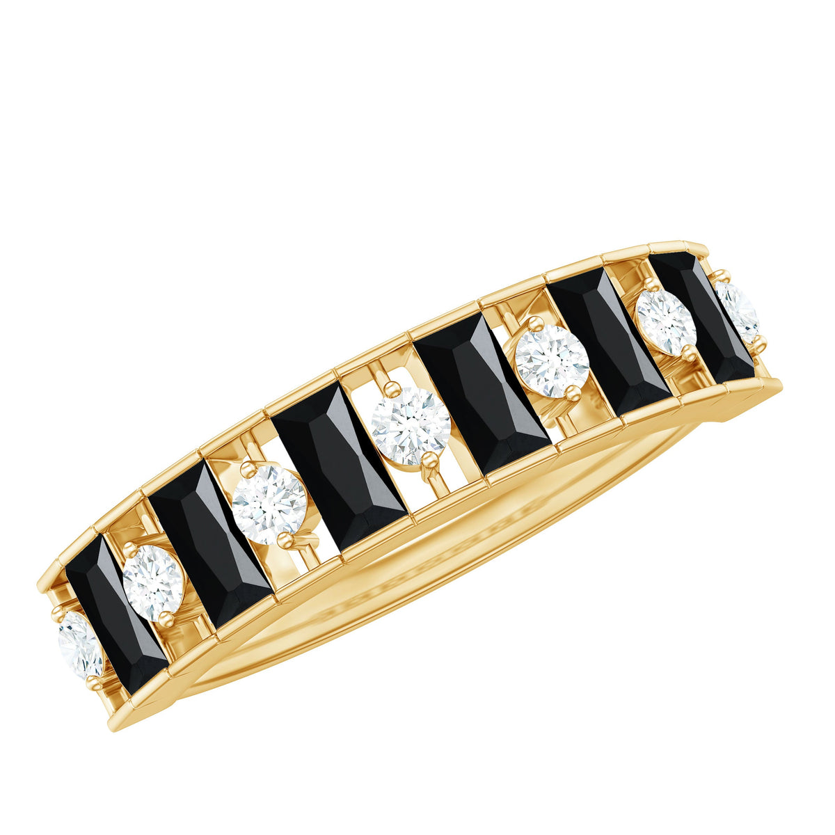 Natural Baguette Black Spinel Half Eternity Ring with Diamond
