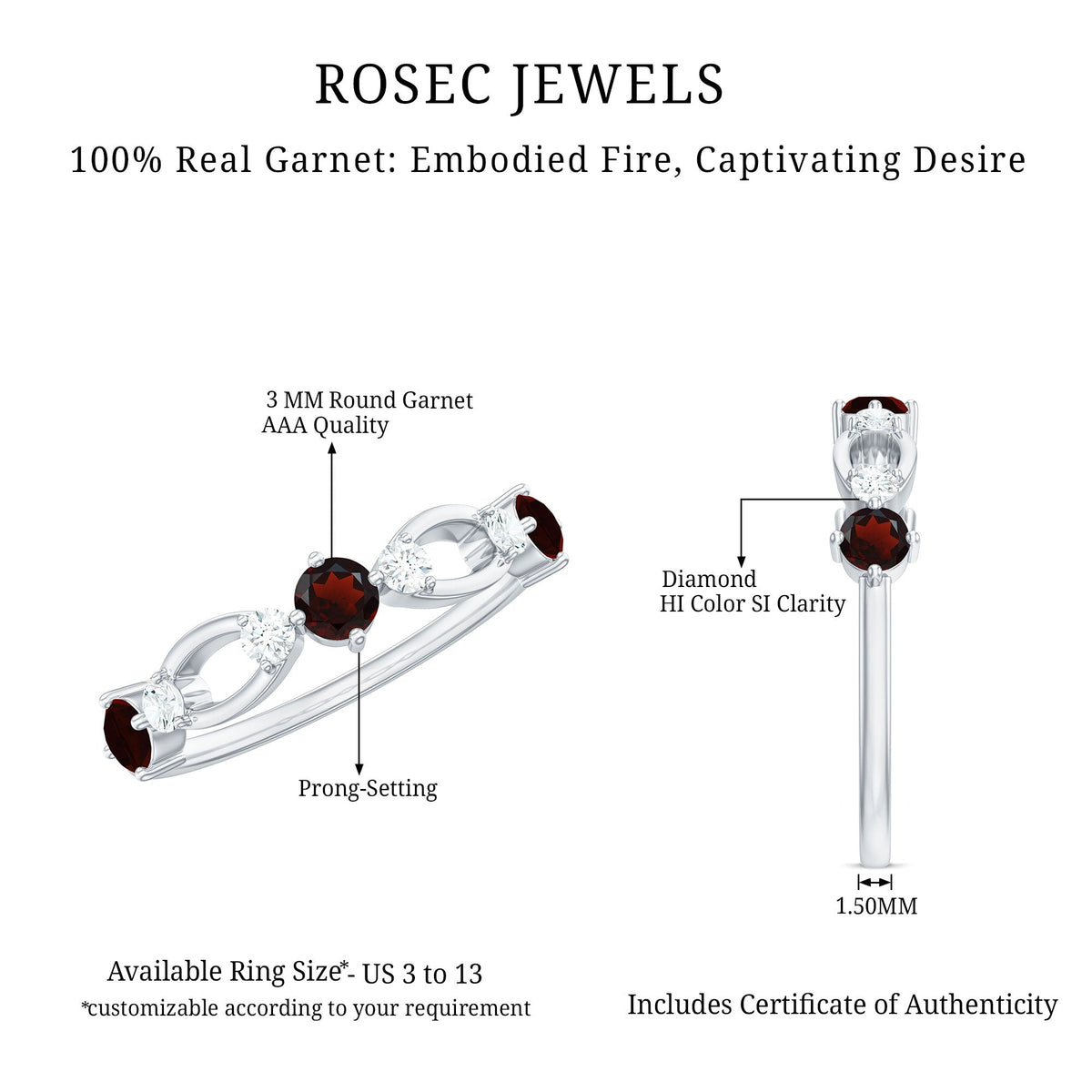 Natural Red Garnet Diamond Half Eternity Ring for Anniversary