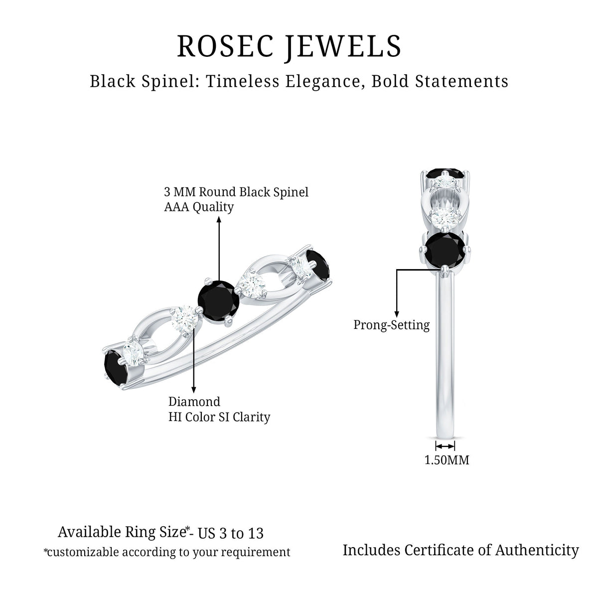 Certified Real Black Spinel Diamond Promise Ring for Her